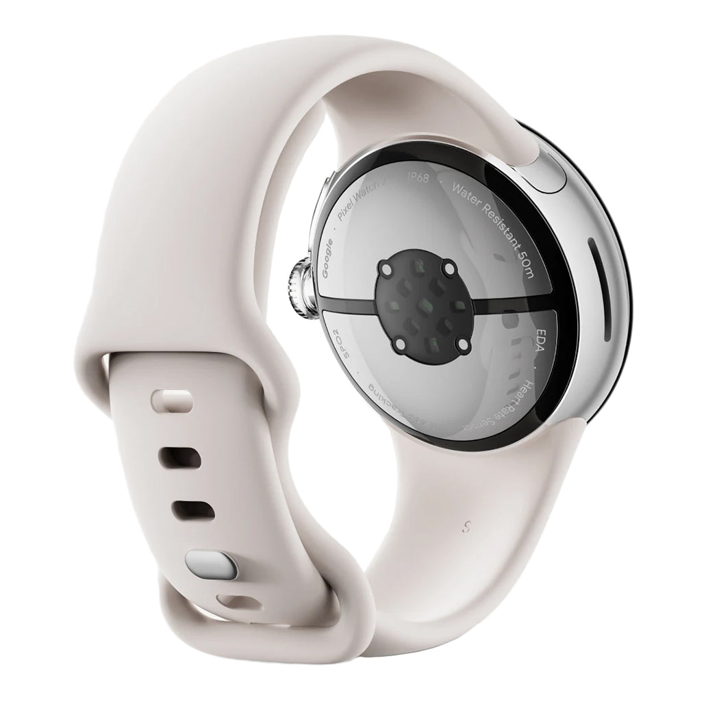 A Photo Of Google Pixel Watch 2 - Polished Silver Aluminum Case / Porcelain Active Band