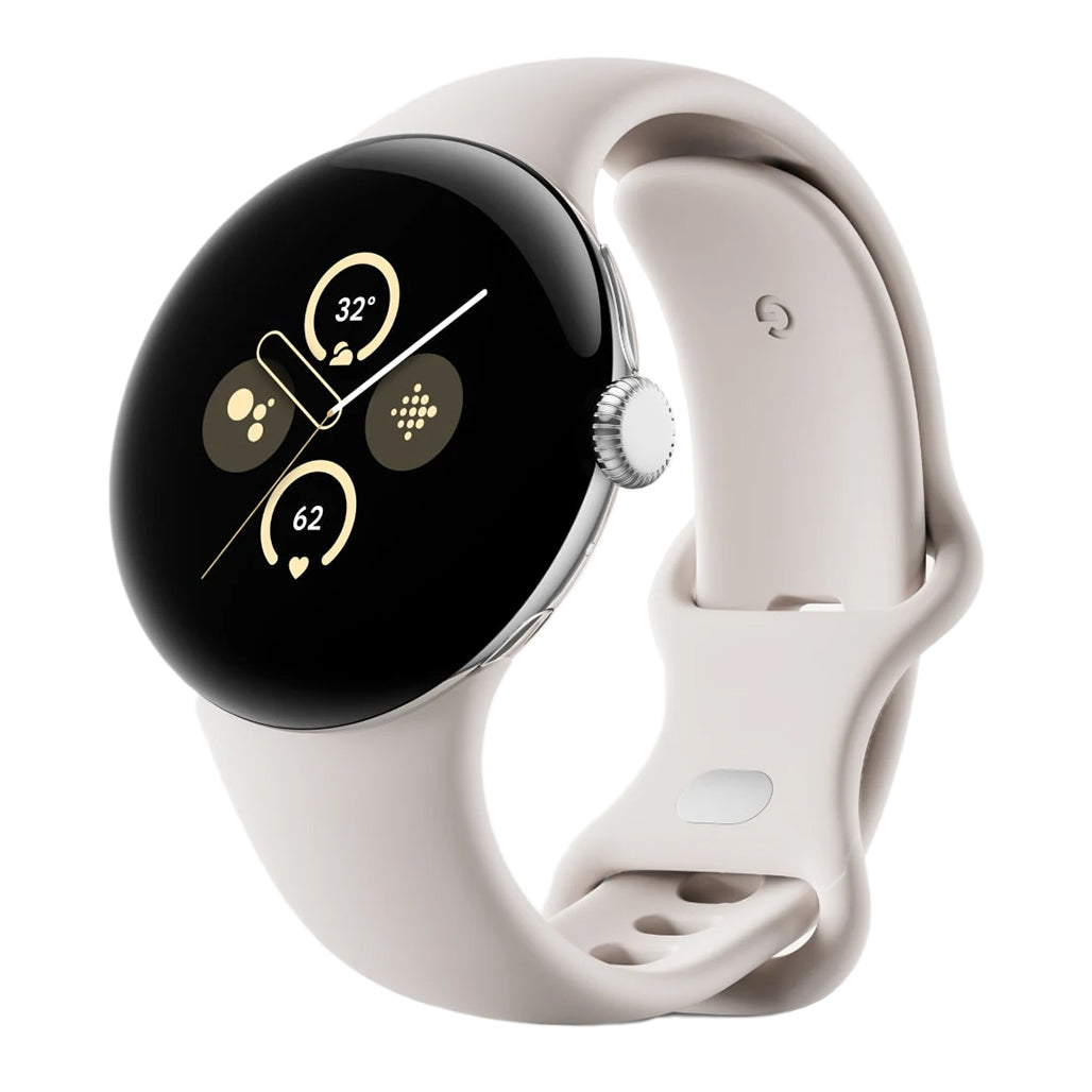A Photo Of Google Pixel Watch 2 - Polished Silver Aluminum Case / Porcelain Active Band