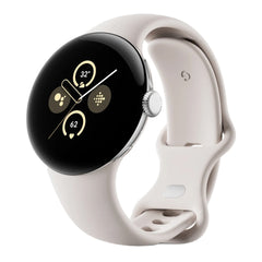 A Photo Of Google Pixel Watch 2 - Polished Silver Aluminum Case / Porcelain Active Band