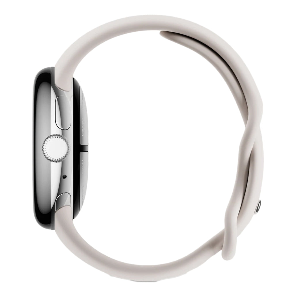 A Photo Of Google Pixel Watch 2 - Polished Silver Aluminum Case / Porcelain Active Band