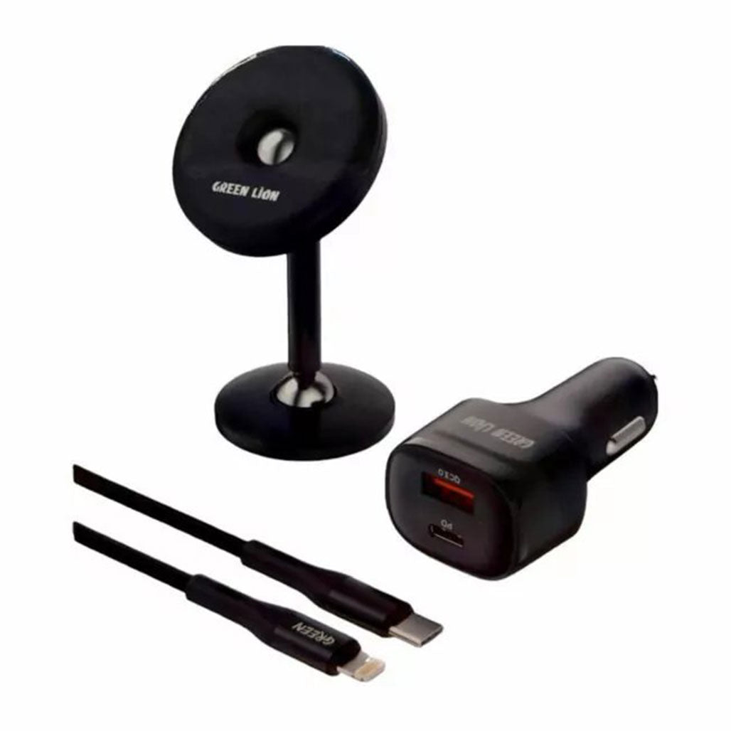 A Photo Of Green Lion 3-in-1 Combo – USB-C to Lightning Cable, Dual Port Car Charger, and Magnetic Car Holder