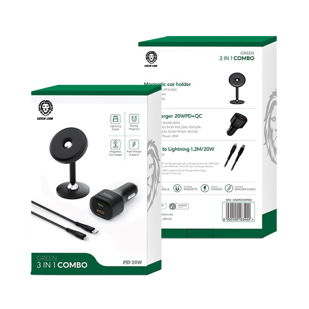 A Photo Of Green Lion 3-in-1 Combo – USB-C to Lightning Cable, Dual Port Car Charger, and Magnetic Car Holder