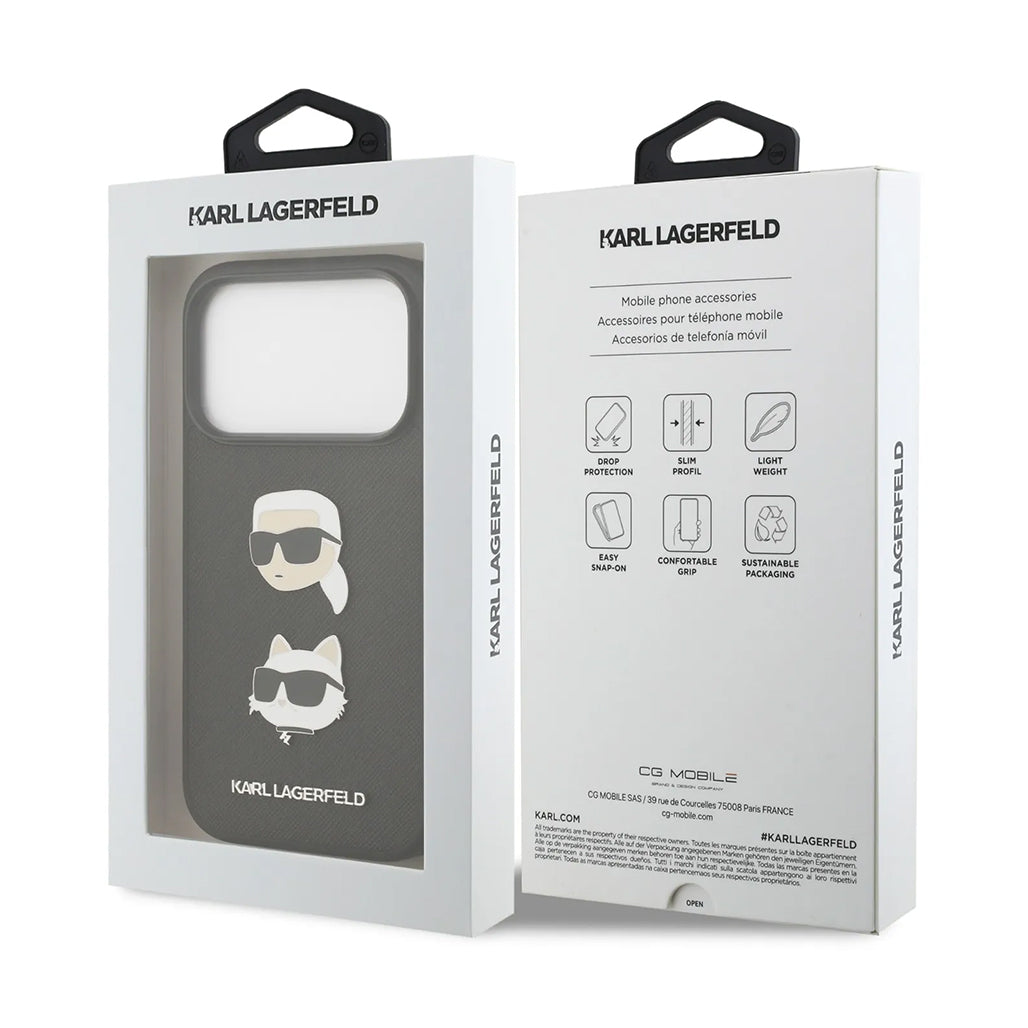 A Photo Of Karl Lagerfeld Full Wrapped Saffiano Leather Case with Karl & Choupette Head Pins for iPhone 17 Pro Max