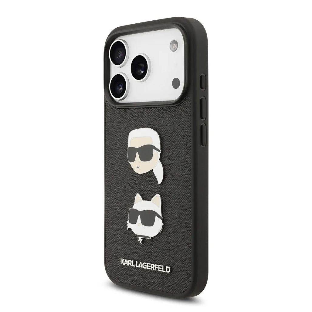 A Photo Of Karl Lagerfeld Full Wrapped Saffiano Leather Case with Karl & Choupette Head Pins for iPhone 17 Pro Max