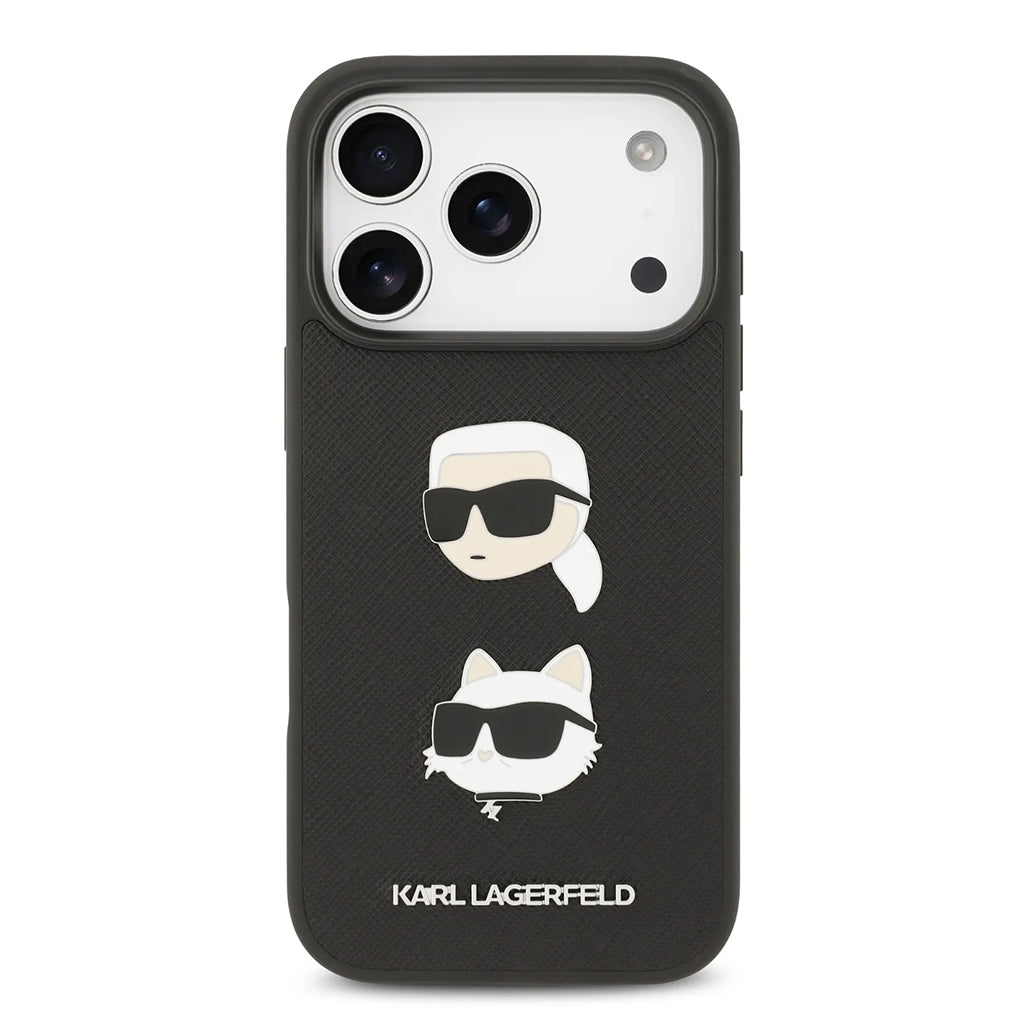 A Photo Of Karl Lagerfeld Full Wrapped Saffiano Leather Case with Karl & Choupette Head Pins for iPhone 17 Pro Max