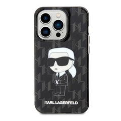 A Photo Of Karl Lagerfeld IML Black Hard Case for iPhone 16 Pro Max – Electroplated Karl Head and Monogram Design, Slim & Durable Protection
