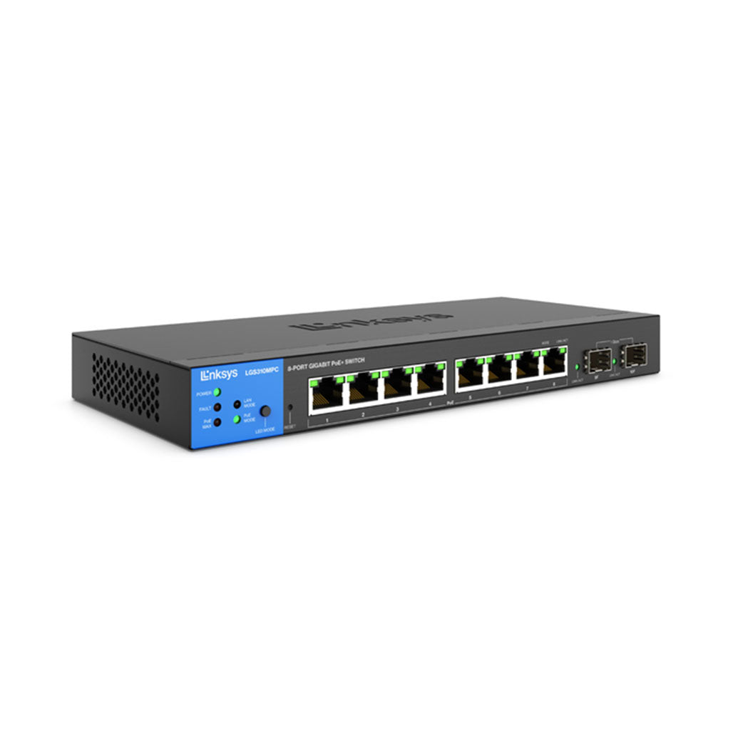 A Photo Of Linksys LGS310MPC 8-Port Managed Gigabit PoE+ Switch with 2 1G SFP Uplinks | 110W Power Budget & Advanced Network Security
