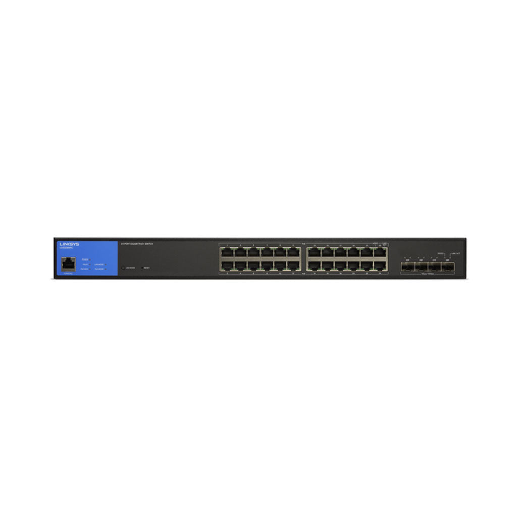 A Photo Of Linksys LGS328MPC-EU 24-Port Managed Gigabit PoE+ Switch with 4 10G SFP+ Uplinks | 410W Power Budget & Advanced Security