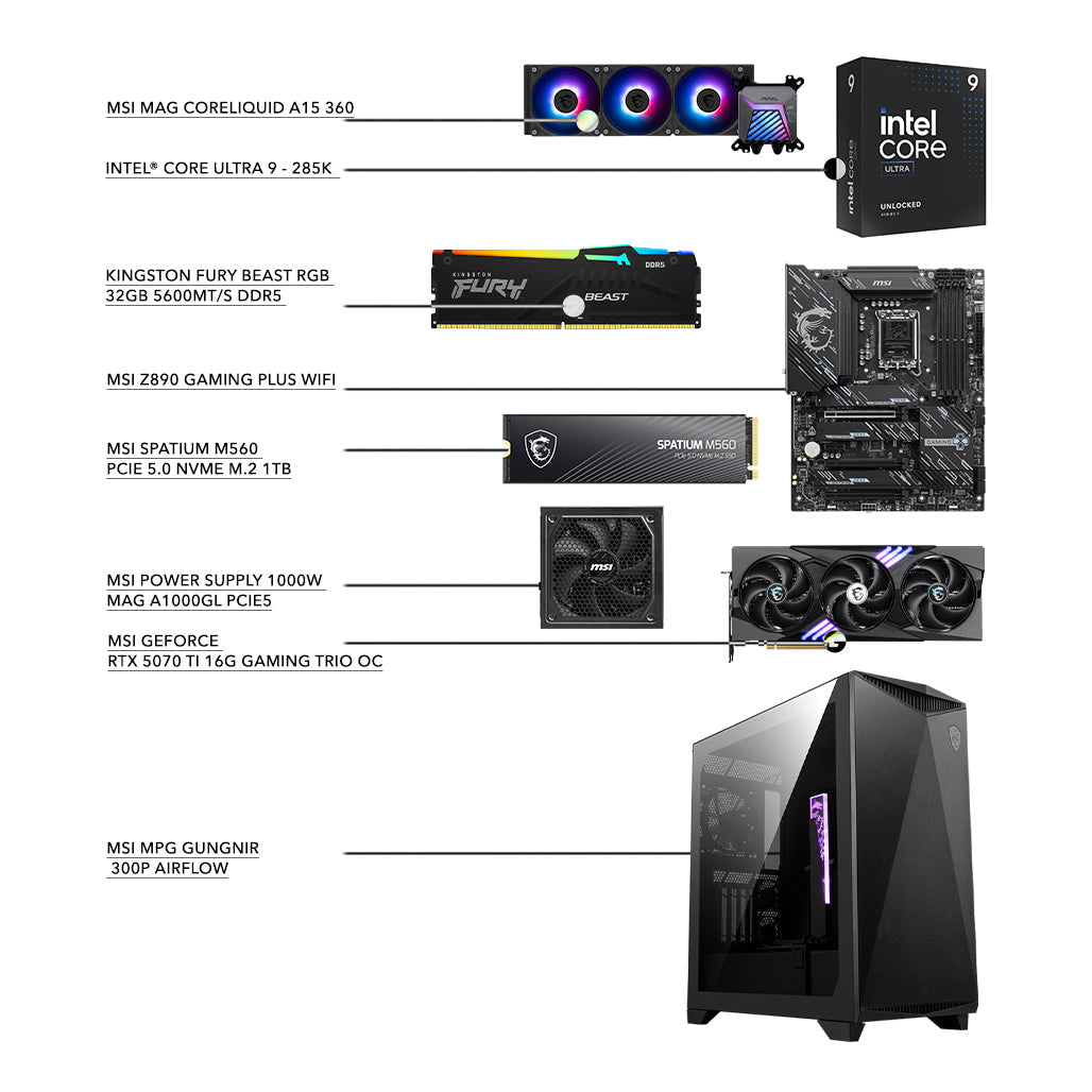 A Photo Of MSI Gaming Desktop: Core Ultra 9-285K - 32GB RAM - 1TB SSD - RTX 5070Ti 16GB