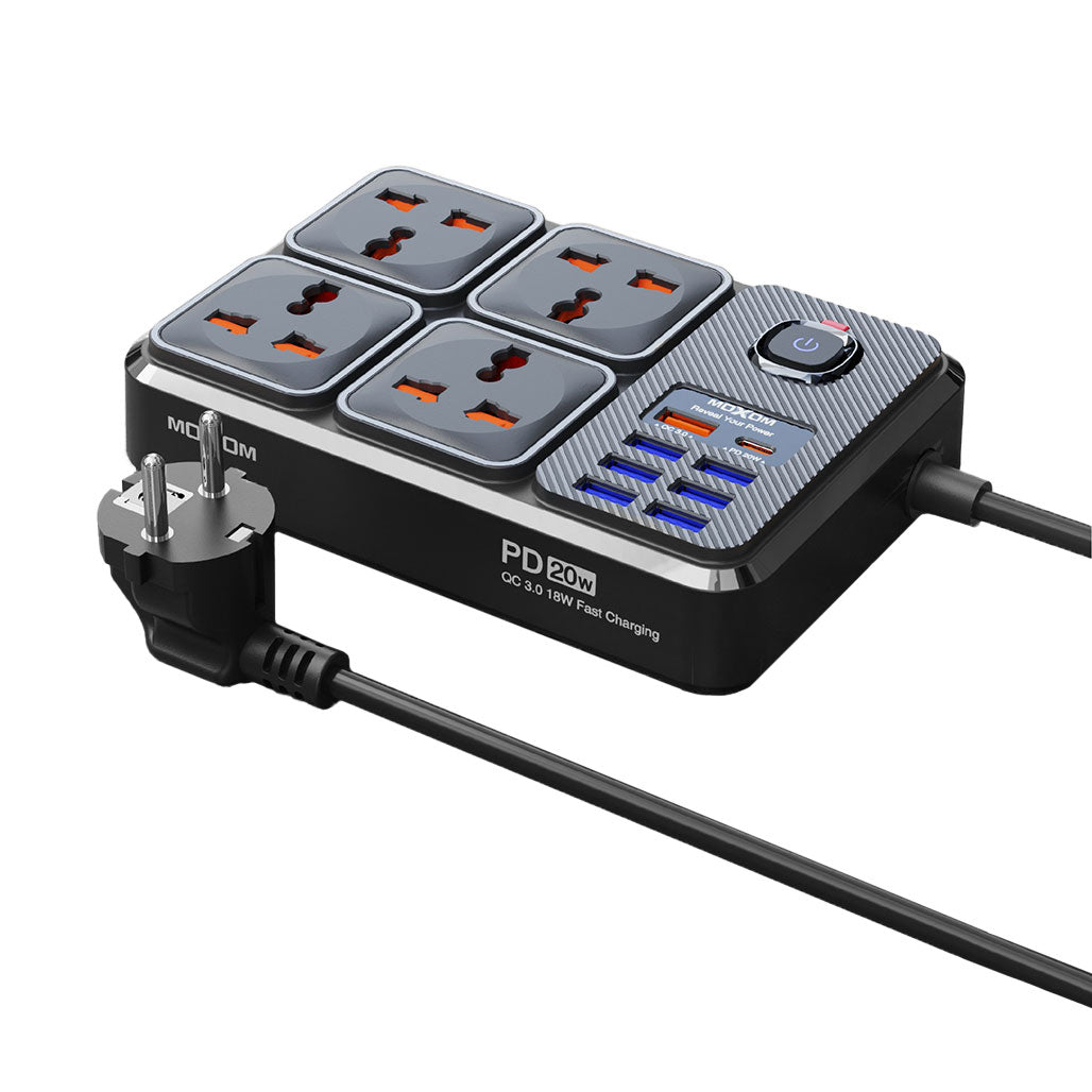 A Photo Of Moxom MX-ST17 EU 2 Meter Power Strip | 7 USB + 1 PD 20W, 2500W Max Outlets, 12-in-1 Multi-Function Power Hub