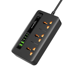 A Photo Of Porodo Blue 3 AC Power Socket with 2× USB-A & 3× Type-C (2M, 3000W) – PB-3ACC2CM-BK