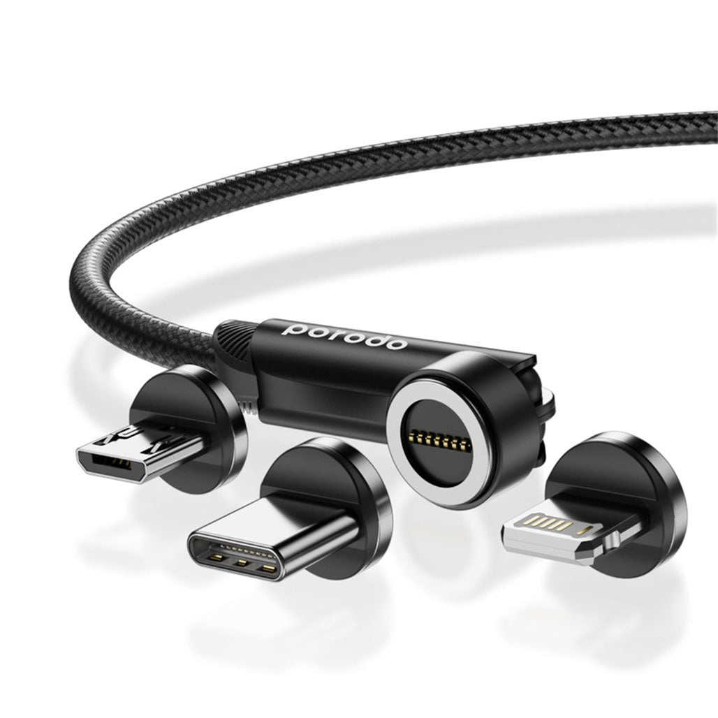 A Photo Of Porodo 3in1 TPE Cable with Rotatable Head for Micro + Lightning + Type-C - Black