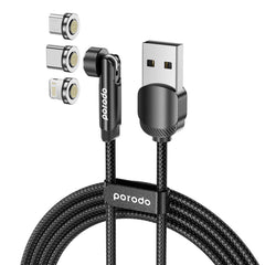 A Photo Of Porodo 3in1 TPE Cable with Rotatable Head for Micro + Lightning + Type-C - Black
