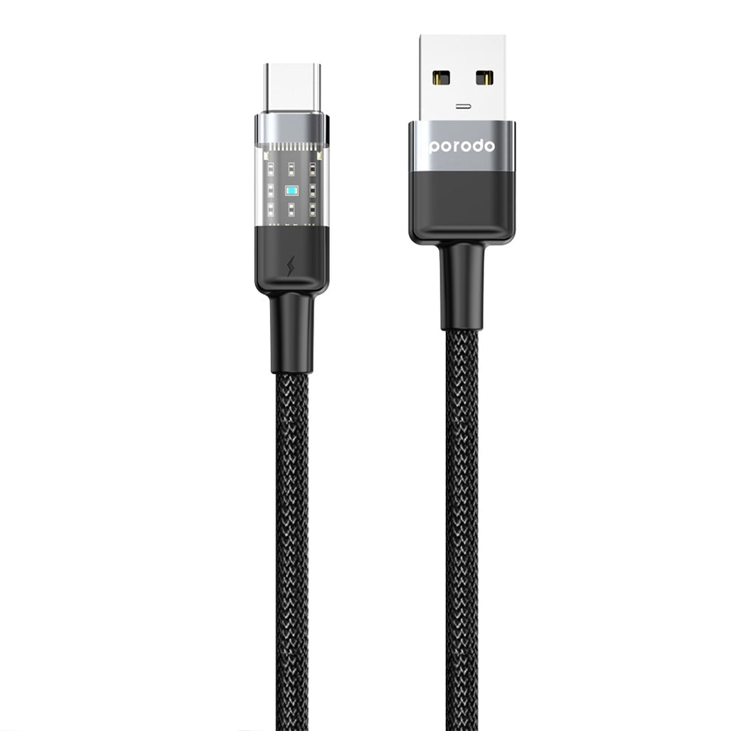 A Photo Of Porodo Braided 3A PD USB-A to USB-C Fast Charging Cable, Durable 1.2M Transparent Head – Black