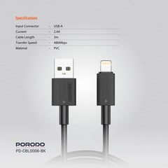 A Photo Of Porodo USB-A to Lightning Durable 3M Fast Charging Cable with 2.4A Current and 480Mbps Data Transfer