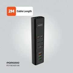 A Photo Of Porodo 85W Multi-Port USB Charging Hub - Fast Charging with 9 Ports, UK Plug, and 2M Cable