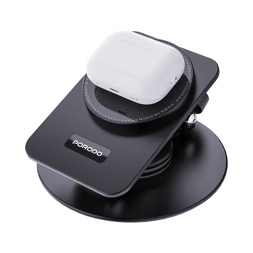 A Photo Of Porodo Wireless Charging Rotating Stand - Black | 360° Adjustable Multi-Device Charger