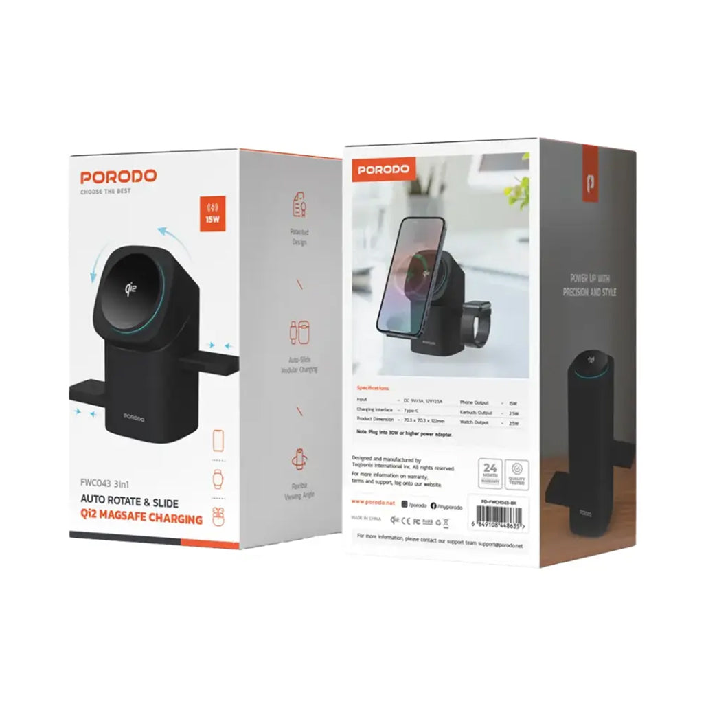 A Photo Of Porodo Auto Rotate & Slide Qi2 MagSafe Charging - Black