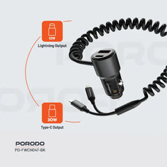 A Photo Of Porodo 95W High-Speed Multi-Device Car Charger - Black with USB-C, USB-A, Built-in Cables, and Lightning Compatibility
