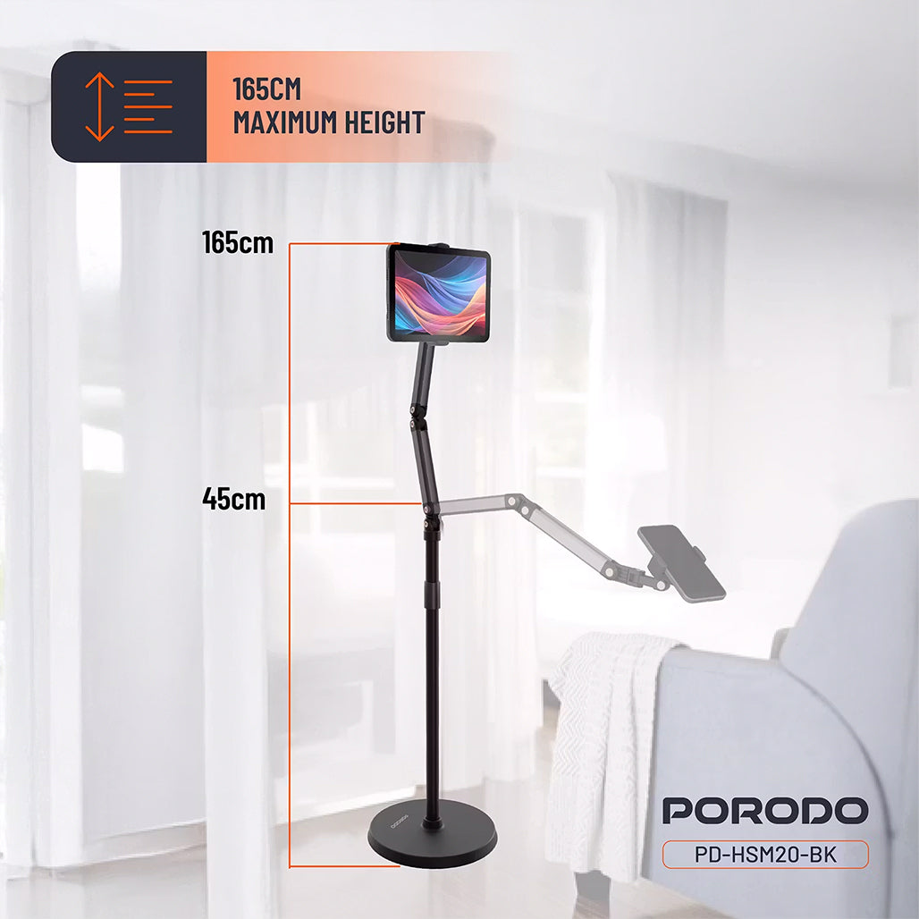 A Photo Of Porodo Adjustable Floor Stand for Phones & Tablets, 45cm–165cm Height, 360° Rotation, 5.5