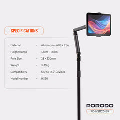 A Photo Of Porodo Adjustable Floor Stand for Phones & Tablets, 45cm–165cm Height, 360° Rotation, 5.5