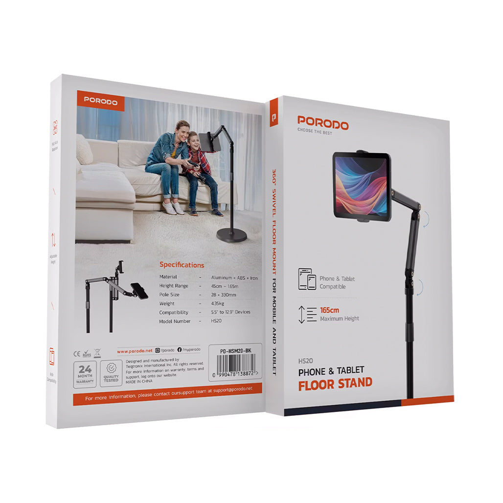 A Photo Of Porodo Adjustable Floor Stand for Phones & Tablets, 45cm–165cm Height, 360° Rotation, 5.5