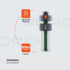 A Photo Of Porodo Lifestyle 2-Stage Filtration Water Bottle - BPA-Free, 600mL, Travel-Friendly Hydration