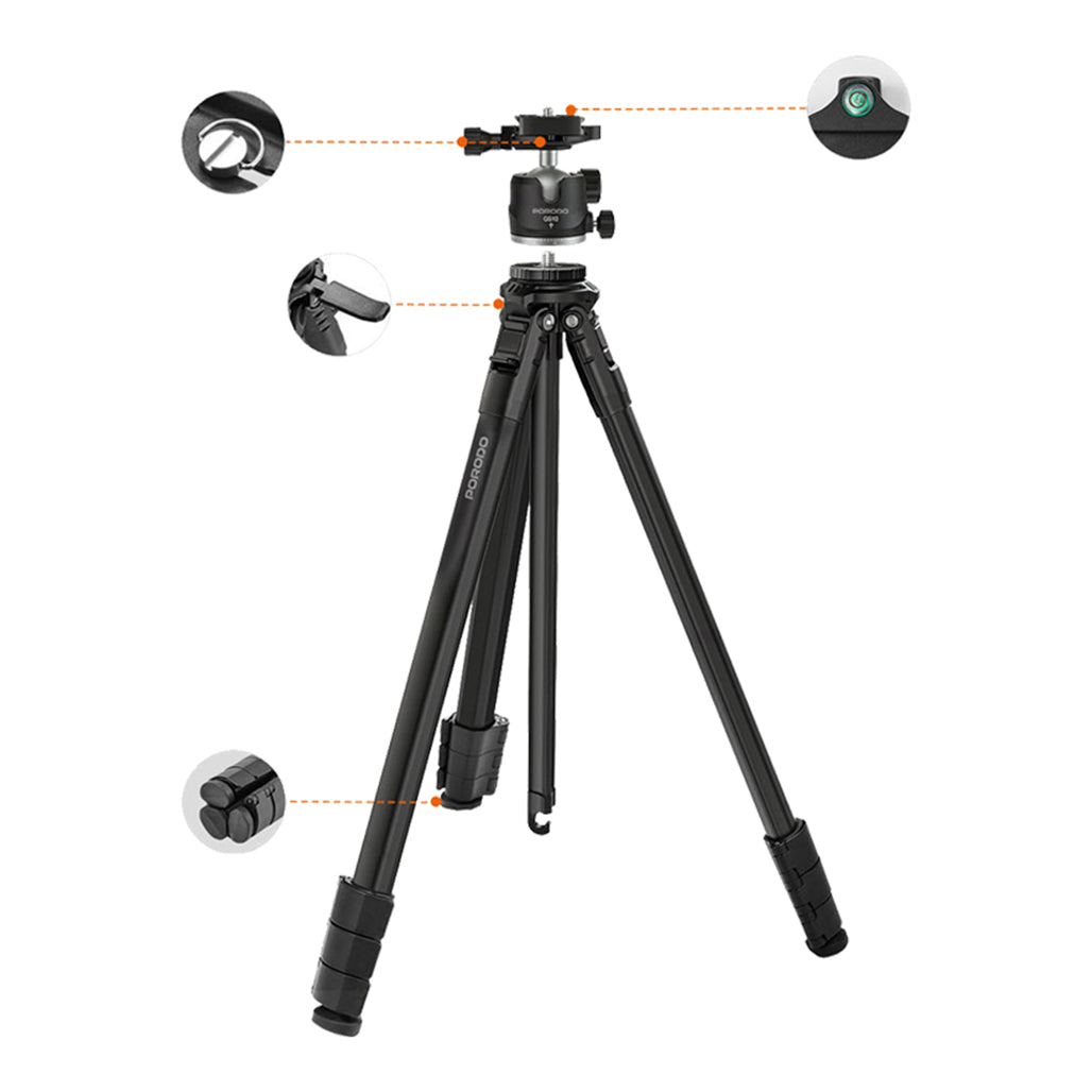 A Photo Of Porodo Ultra-Light Aluminum Tripod - Black | Portable, Durable, 360° Rotation, 10kg Load Capacity