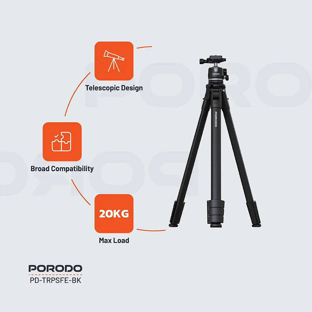 A Photo Of Porodo Ultra-Light Aluminum Tripod - Black | Portable, Durable, 360° Rotation, 10kg Load Capacity