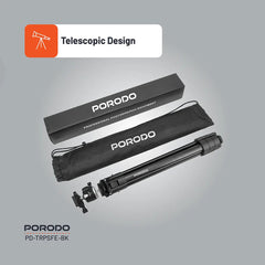 A Photo Of Porodo Ultra-Light Aluminum Tripod - Black | Portable, Durable, 360° Rotation, 10kg Load Capacity