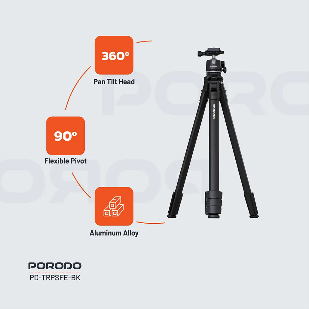 A Photo Of Porodo Ultra-Light Aluminum Tripod - Black | Portable, Durable, 360° Rotation, 10kg Load Capacity