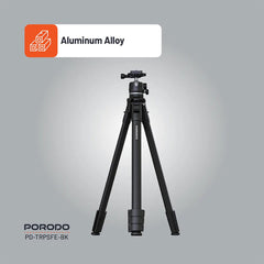 A Photo Of Porodo Ultra-Light Aluminum Tripod - Black | Portable, Durable, 360° Rotation, 10kg Load Capacity