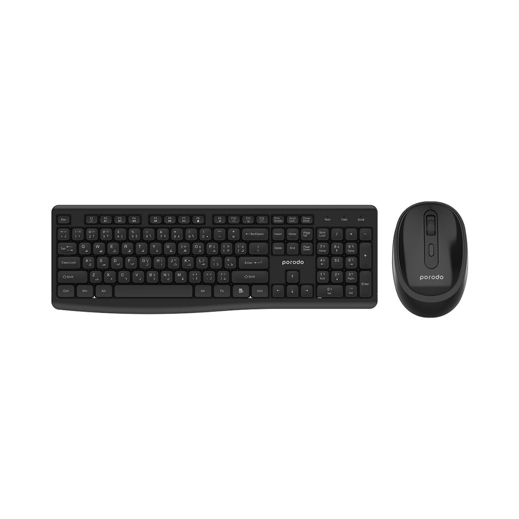 A Photo Of Porodo Dual Mode Wireless Keyboard and Mouse Set – 2.4G & Bluetooth, Adjustable DPI, 104 Keys, Black | PD-W24KBM-BK