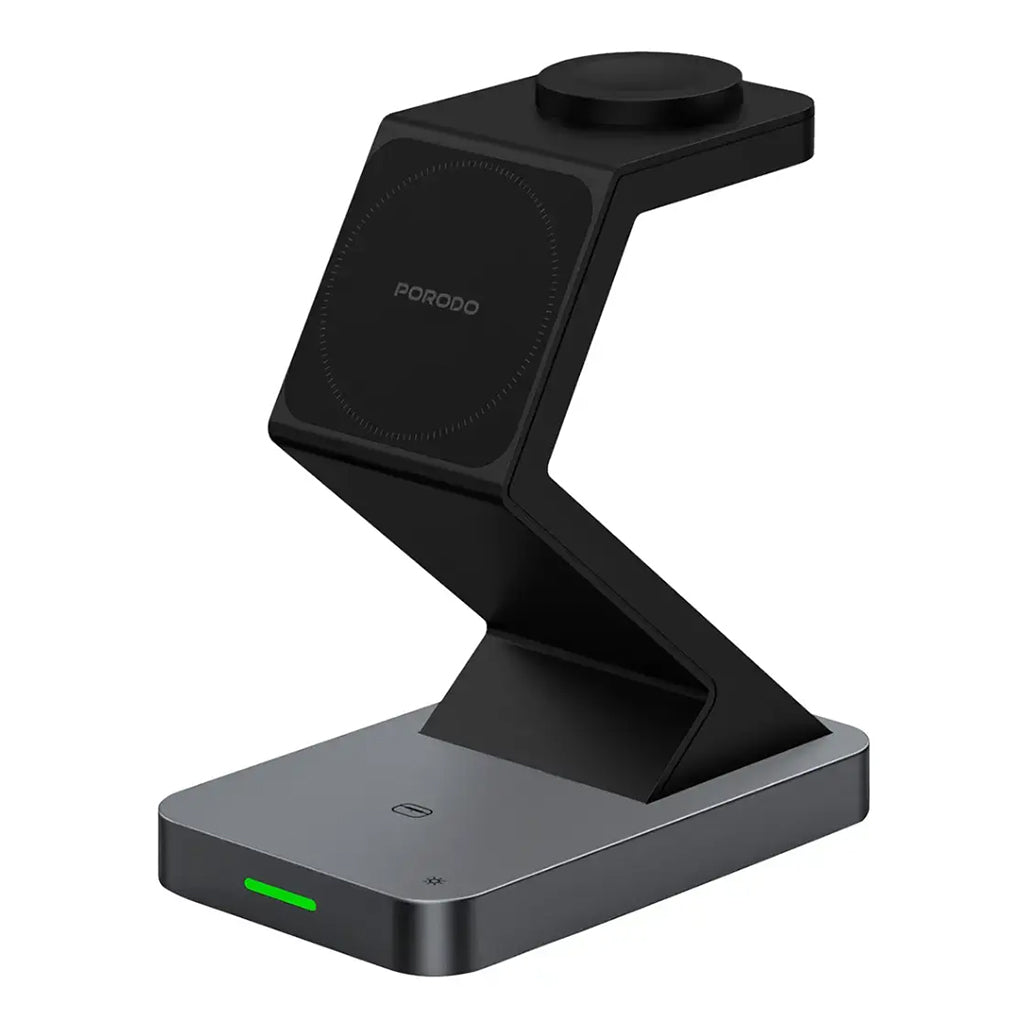 A Photo Of Porodo 4-in-1 Wireless Charging Station with 360° Adjustable Viewing Port - Black