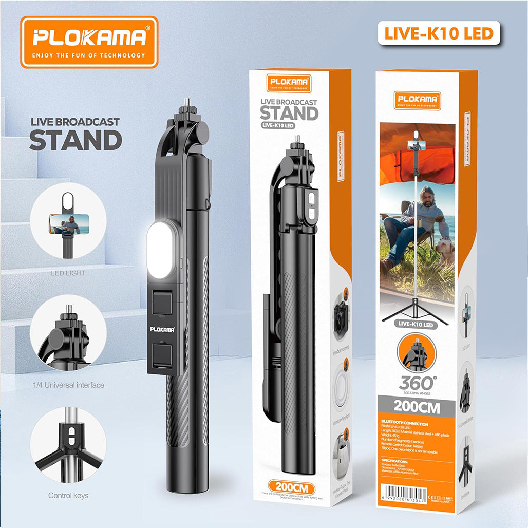 A Photo Of Plokama Live K10 Pro - LED Selfie Stick Portable Tripod 200cm