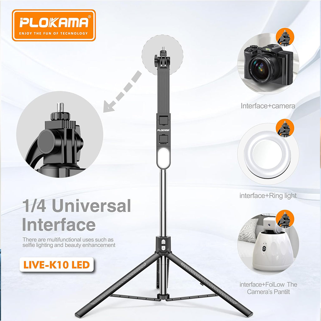 A Photo Of Plokama Live K10 Pro - LED Selfie Stick Portable Tripod 200cm