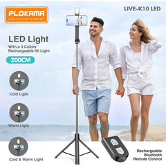 A Photo Of Plokama Live K10 Pro - LED Selfie Stick Portable Tripod 200cm