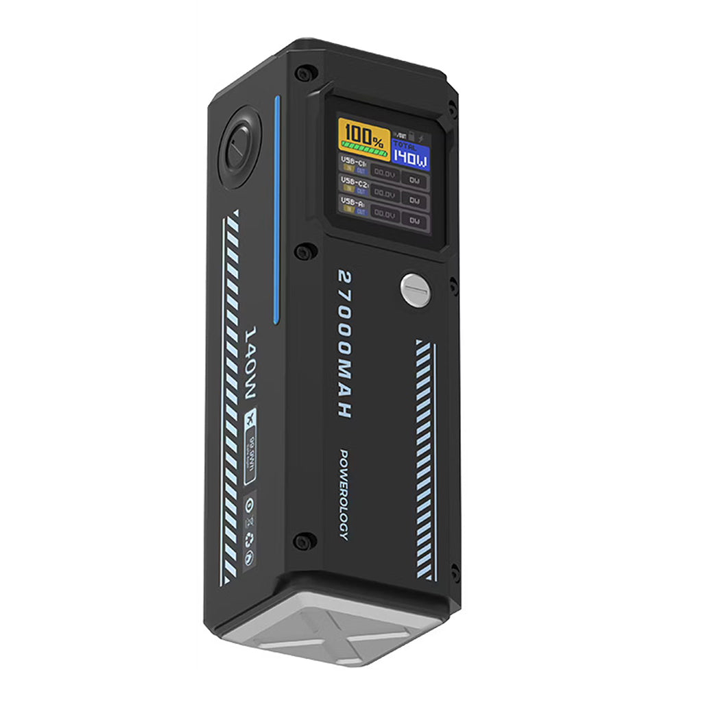 A Photo Of Powerology 27000mAh 140W PD Smart Display Power Bank – USB-C & USB-A Ports, Fast Laptop Charging, Compact Travel Battery Pack – Black