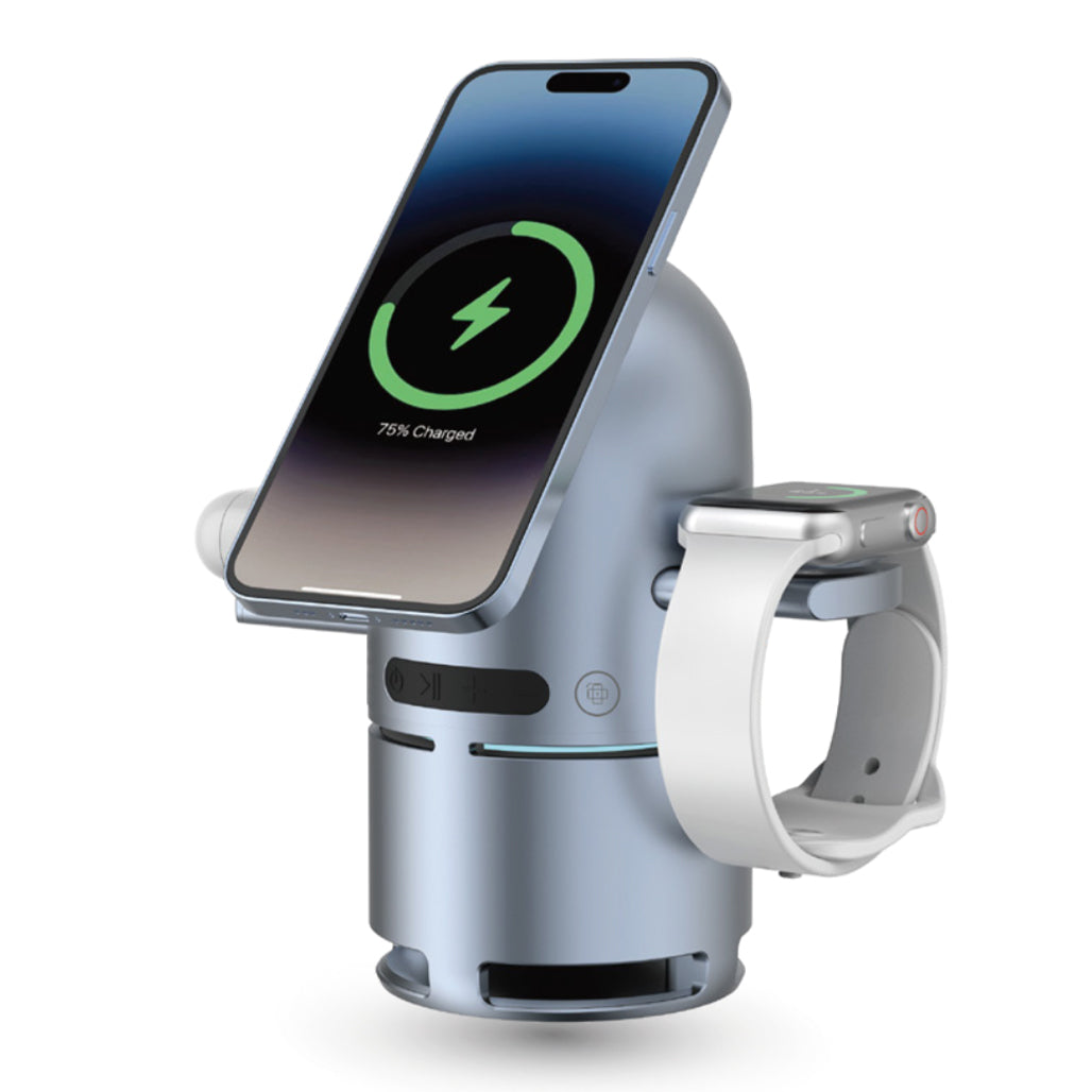 A Photo Of Powerology Qi2 Wireless Charging Station with Bluetooth Speaker – 3-in-1 Charger for Phone, Smartwatch & Earbuds