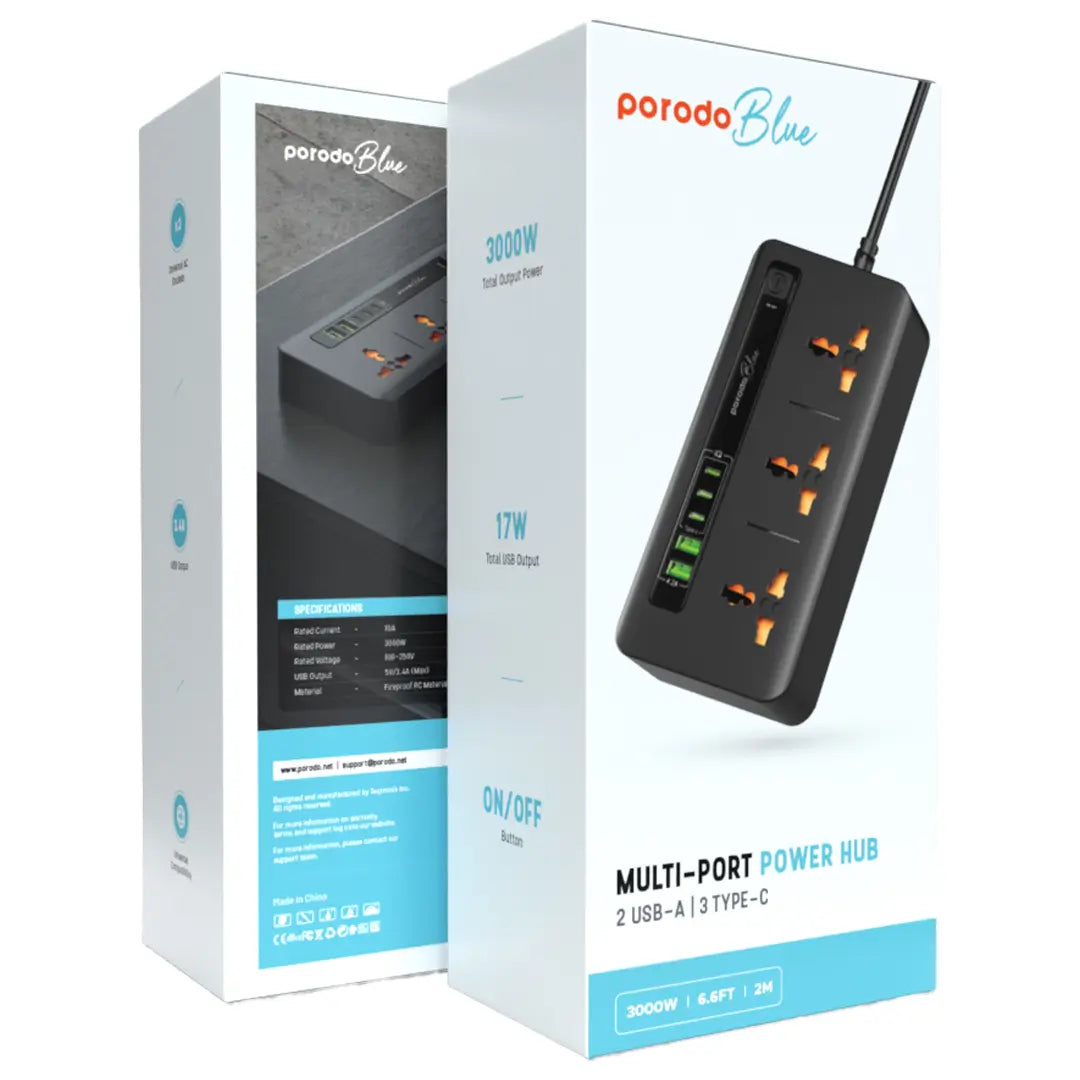 A Photo Of Porodo Blue 3 AC Power Socket with 2× USB-A & 3× Type-C (2M, 3000W) – PB-3ACC2CM-BK