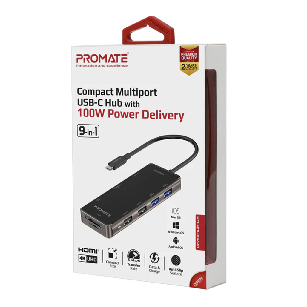 A Photo Of Promate PrimeHub-Go | 9-in-1 Multiport USB-C Hub with 100W Power Delivery, 4K HDMI, Ethernet, and More