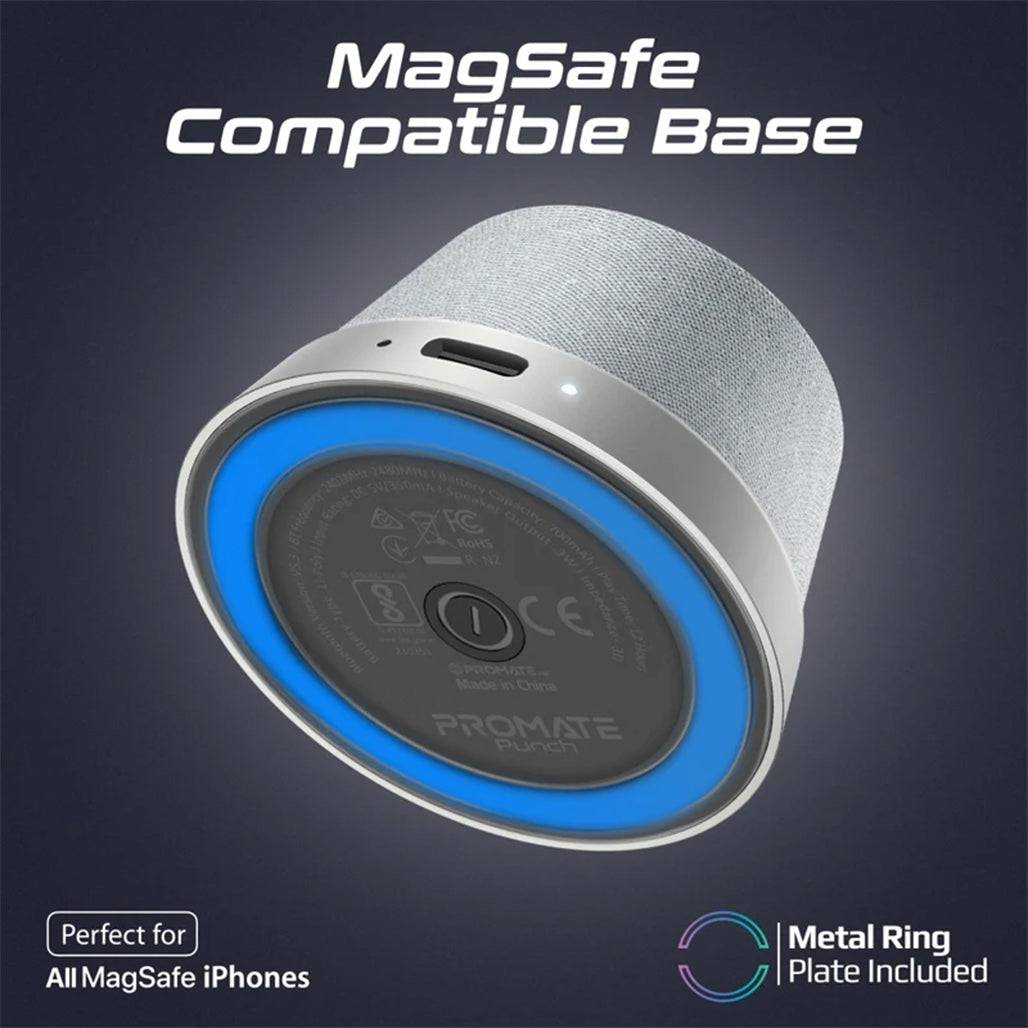A Photo Of Promate Punch Mini Bluetooth Speaker with MagSafe Compatibility – 3W Portable Silver Speaker
