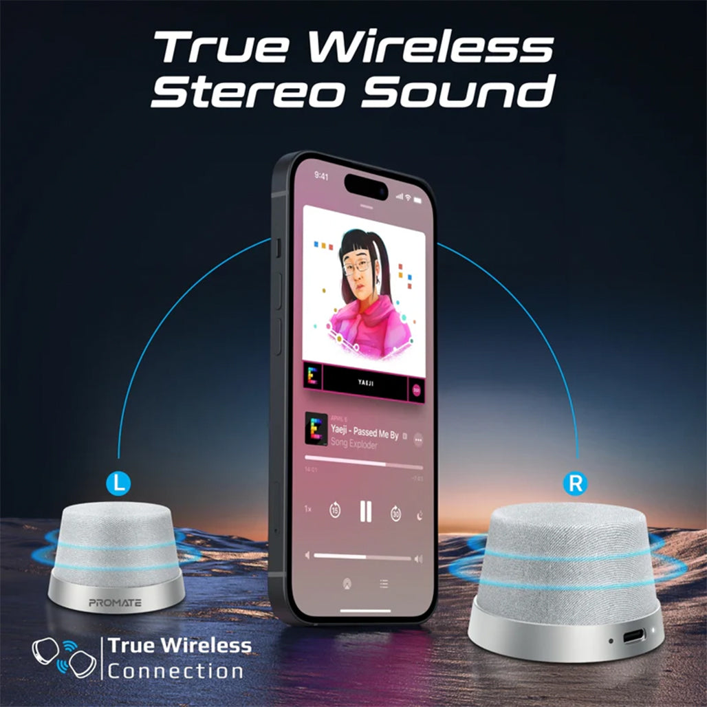 A Photo Of Promate Punch Mini Bluetooth Speaker with MagSafe Compatibility – 3W Portable Silver Speaker