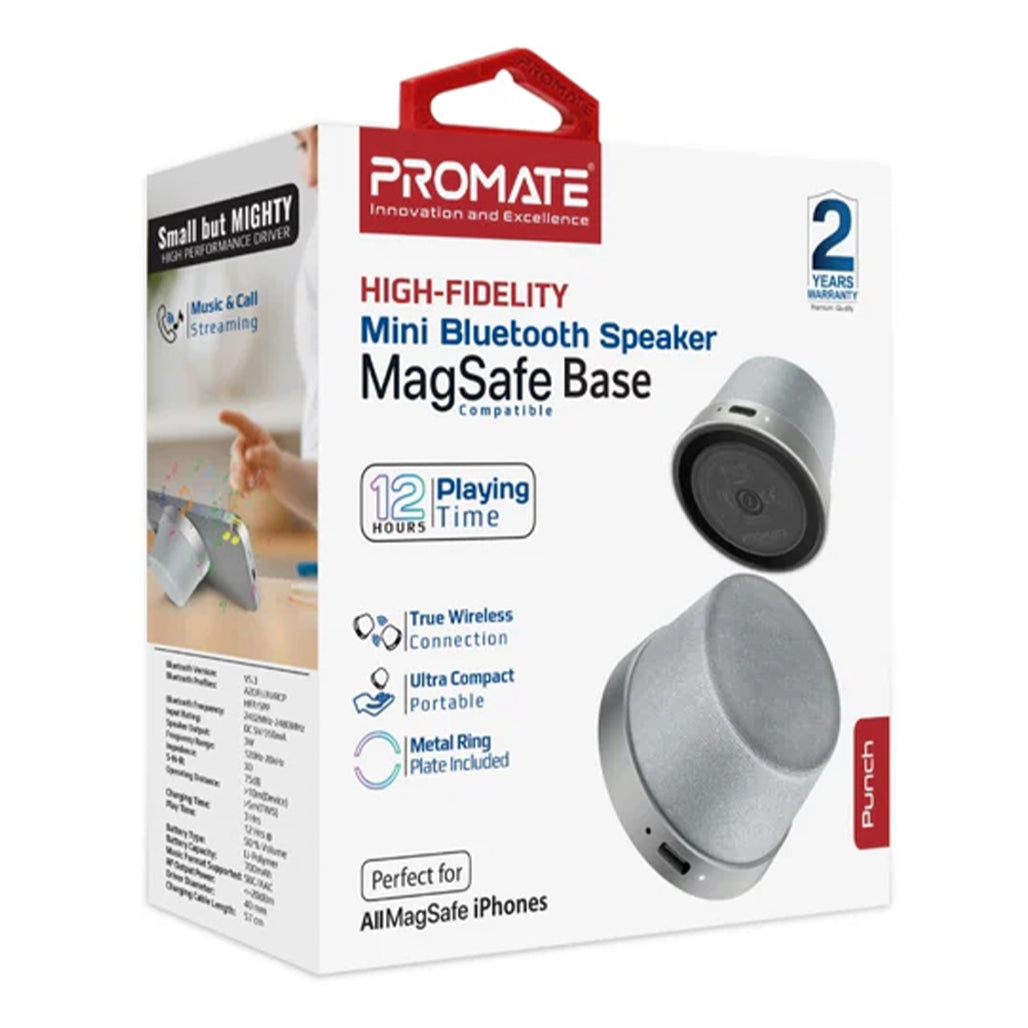 A Photo Of Promate Punch Mini Bluetooth Speaker with MagSafe Compatibility – 3W Portable Silver Speaker