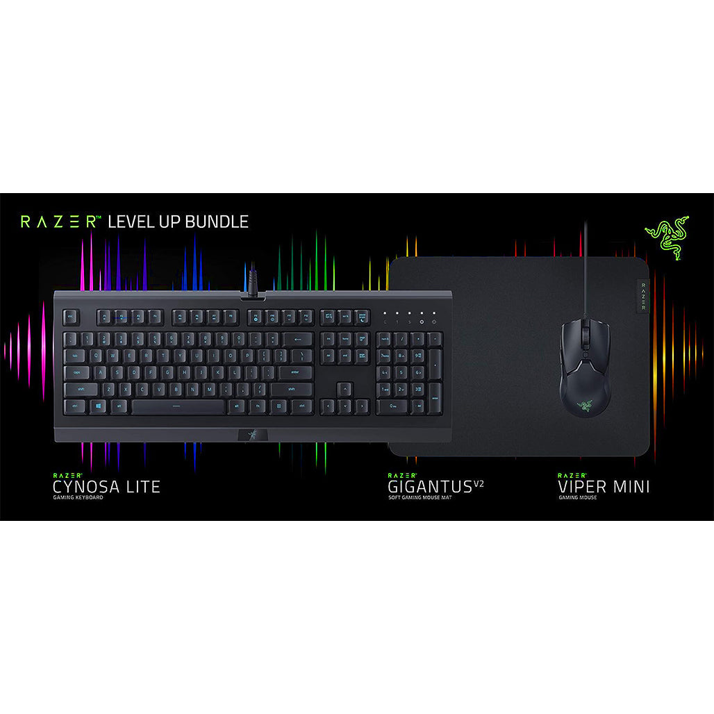 A Photo Of Razer Level Up Bundle: Cynosa Lite Keyboard, Gigantus V2 Medium MousePad, and Viper Mini Mouse
