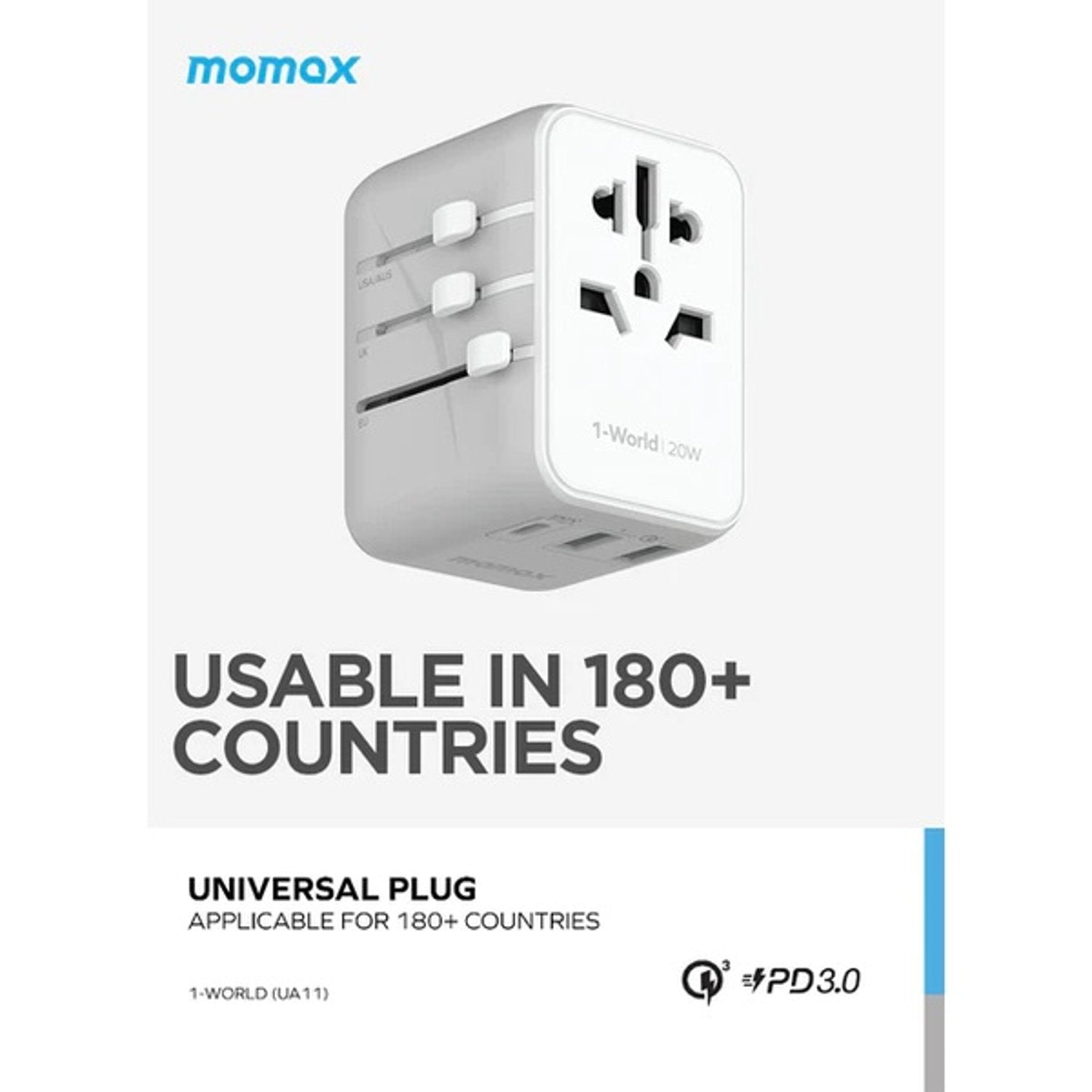A Photo Of Momax 1-World 20W 3 Ports AC Travel Adapter - Versatile Charging for 150+ Countries