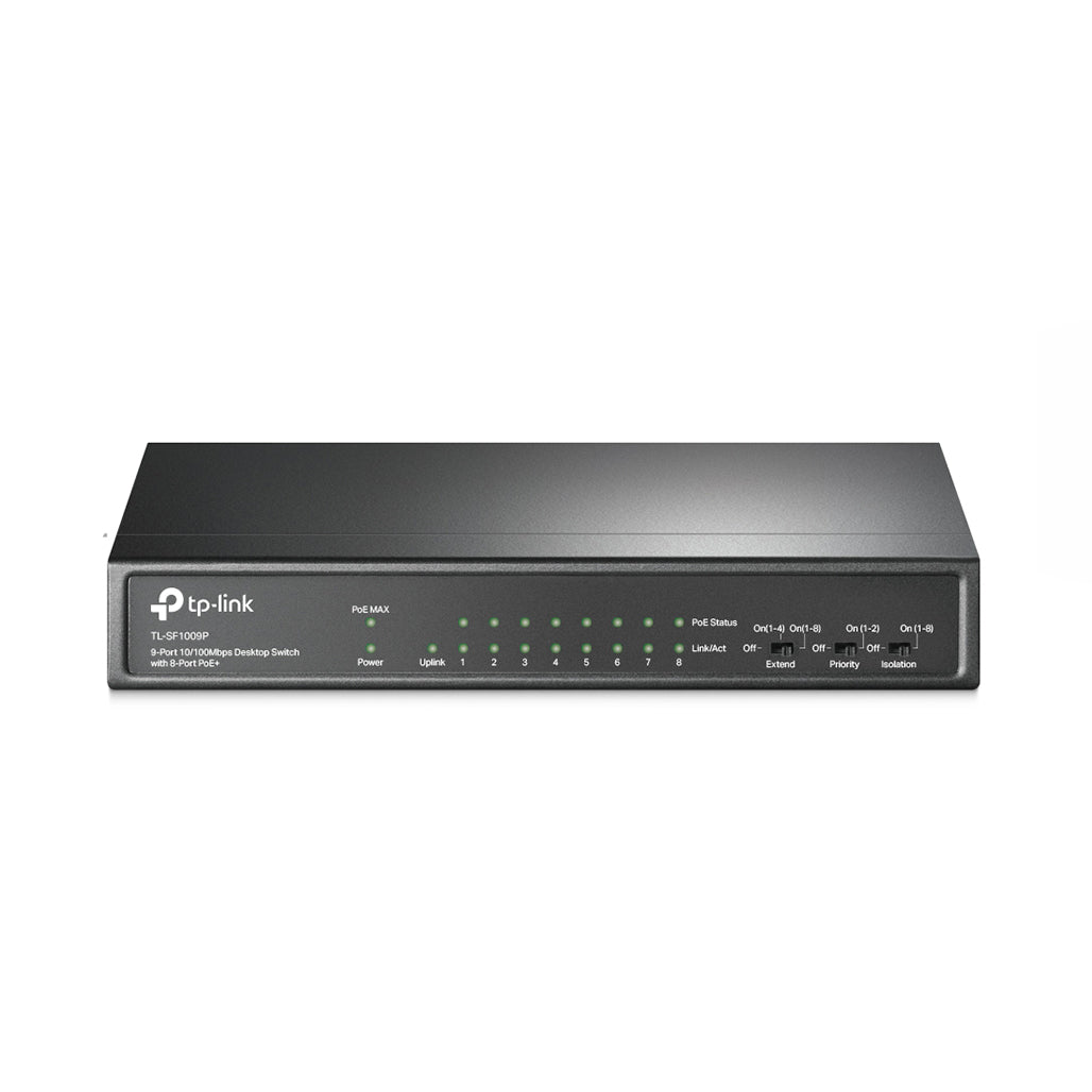 A Photo Of TP-Link TL-SF1009P 9-Port 10/100Mbps Desktop Switch with 8-Port PoE+ | 65W Budget, Extend Mode, Priority Mode