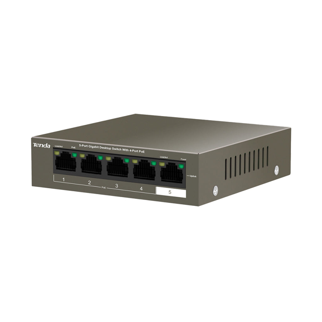 A Photo Of Tenda TEG1105P-4-63W 5-Port Gigabit PoE+ Switch – 4 PoE+ Ports + 1 Uplink, 58 W Budget