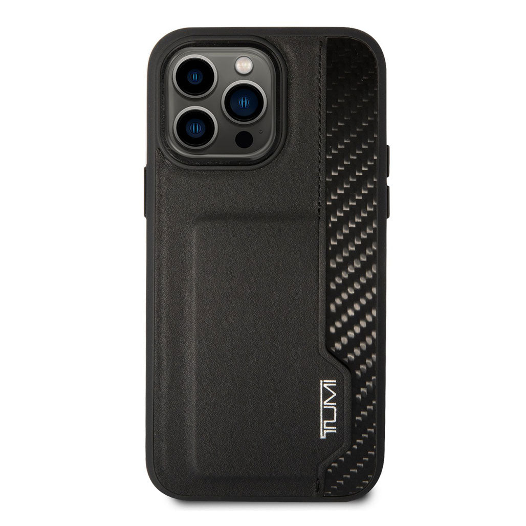 A Photo Of Tumi HC Leather & Shiny Carbon Fiber Case With Vertical Card Slot For iPhone 14 Pro Max