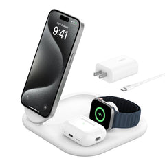 A Photo Of Belkin BoostCharge 3-in-1 Magnetic Foldable Wireless Charging Station with Qi2, 15W Fast Charging for iPhone, Apple Watch & AirPods